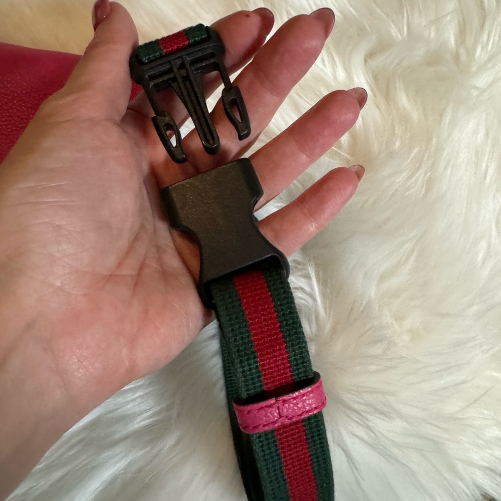 GUCCI Grained Calfskin Small Logo Belt Bum Bag Pink Green - Picture 10 of 14